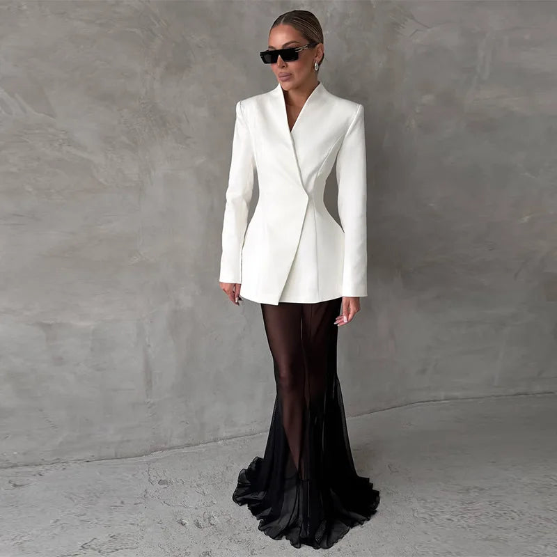 Women's V-Neck Blazer and Tulle Maxi Skirt Set