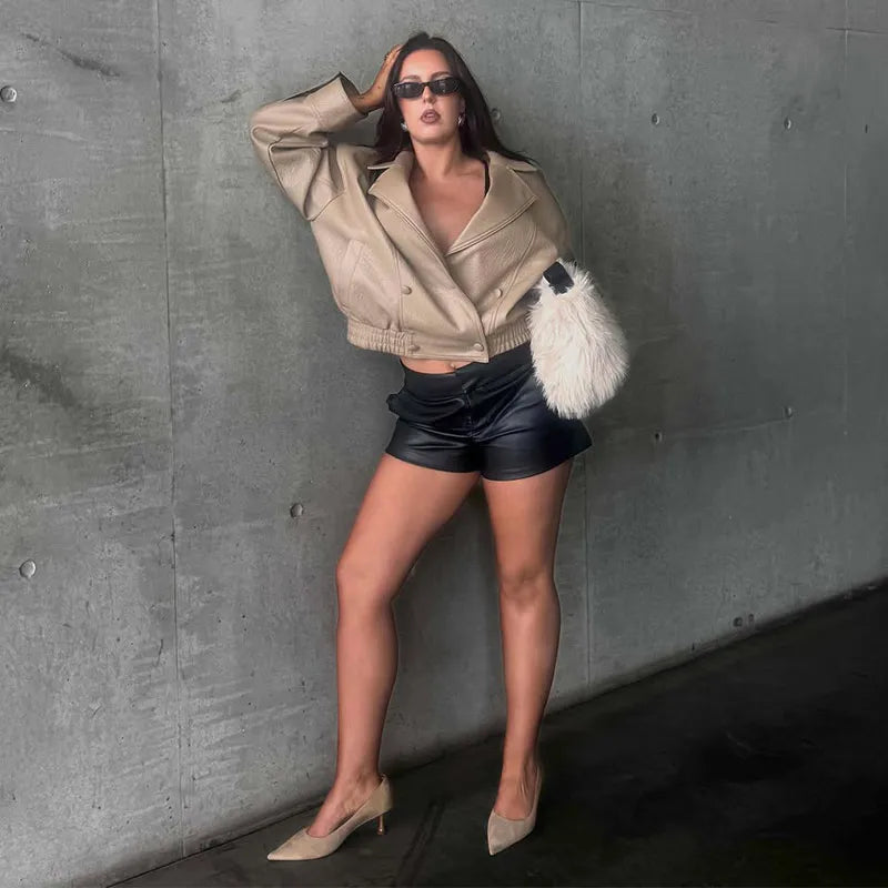 Casual Solid Pu Jackets Women Fashion Loose Khaki Lapel Double Breasted Leather Coat Female 2026 Autumn Lady Outwears Chic