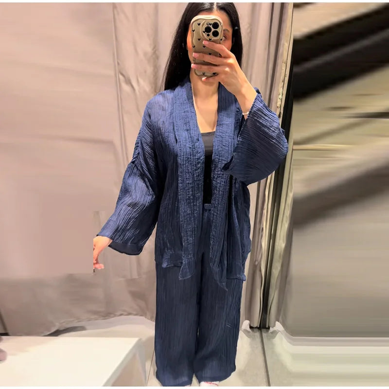 Casual Pleated Cardigan Pants Set V-neck Drop Shoulder Flared Sleeves Belt Waist Shirt Wide Leg Pants 2026 Chic Lightweight Sets