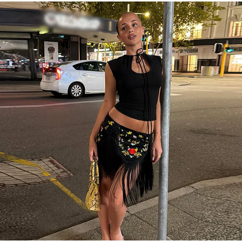 Casual Embroidery Mini Skirts Women Tassel Patchwork Low Waist Lady Short Irregular Skirts Female 2026 Summer Lady Bottoms Chic