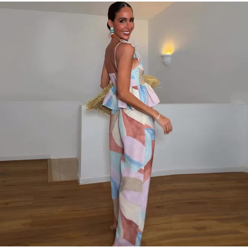 Women's Pastel Print Cami Top and Wide Leg Pants Set