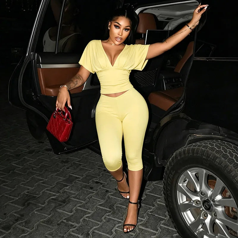 Joskaa Casual Solid 2 Piece Sets Women Sexy V-Neck Ruched Half Sleeve Top and Tight Cropped Pants Matching Tracksuits Streetwear