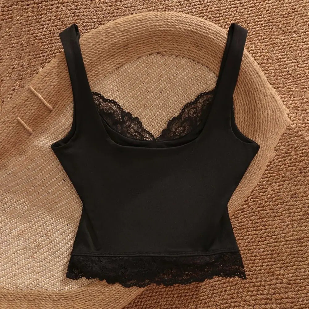 Ins Style Sleeveless Slim Lace Crop Top Solid Color V-neck Lace Sling Tank Bottoming Shirt Patchwork Spaghetti Y2k Top Summer