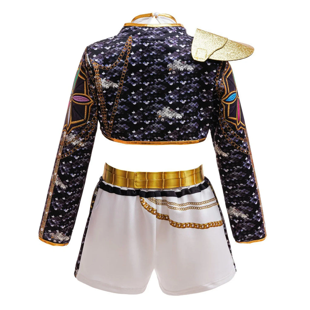 Girls Sequin Hip Hop Dance Outfit Set Crop Top Jacket Shorts with Purple Braid Wig Kids Jazz Stage Costume