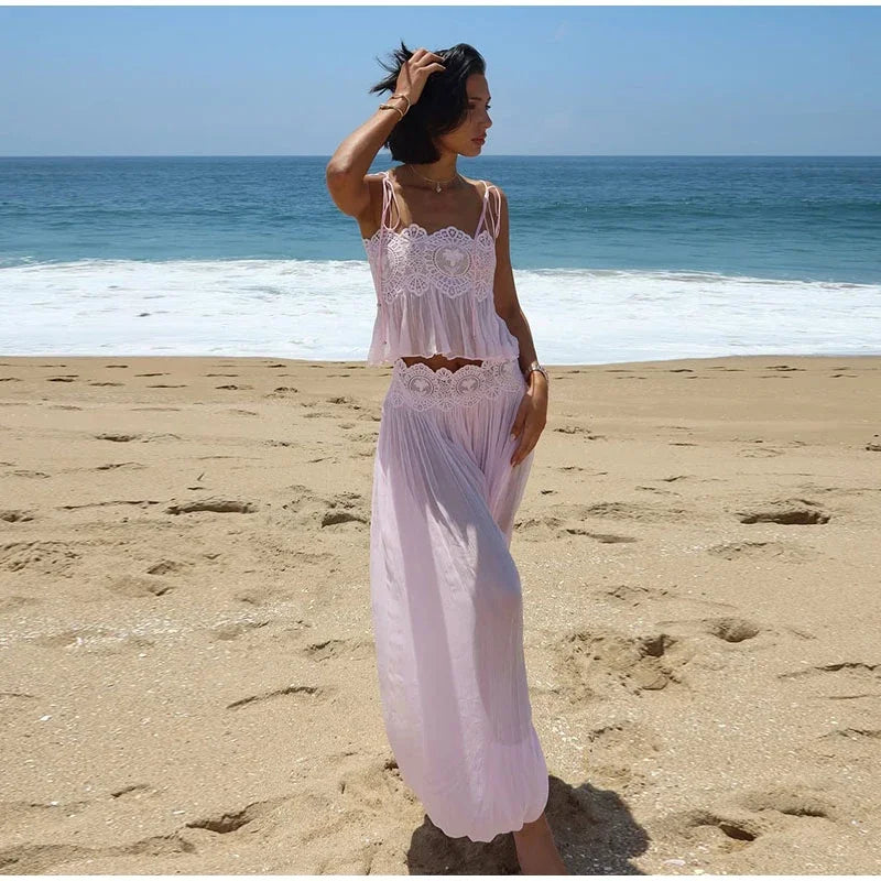 Beach Floral Lace Hollow Out Women Pants Sets 2 Pieces Adjustable Tie Backless Tops Loose Pleated Lantern Pant Summer New Suits