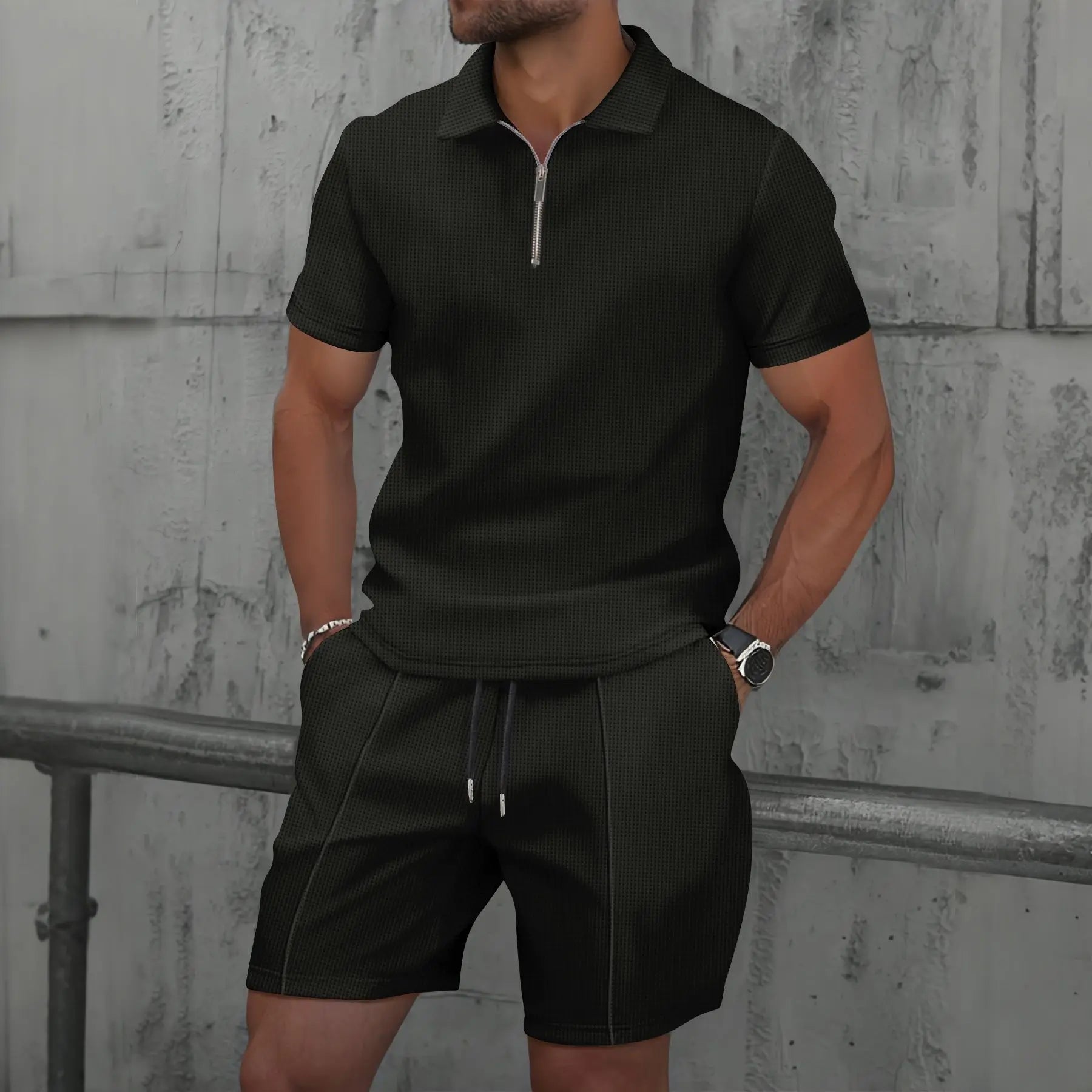Summer Men Suits Solid Color Waffle Lapel Slim-Fit Casual Fashion Zip-Up Short Sleeve Shirts Suit Shorts Two Sets