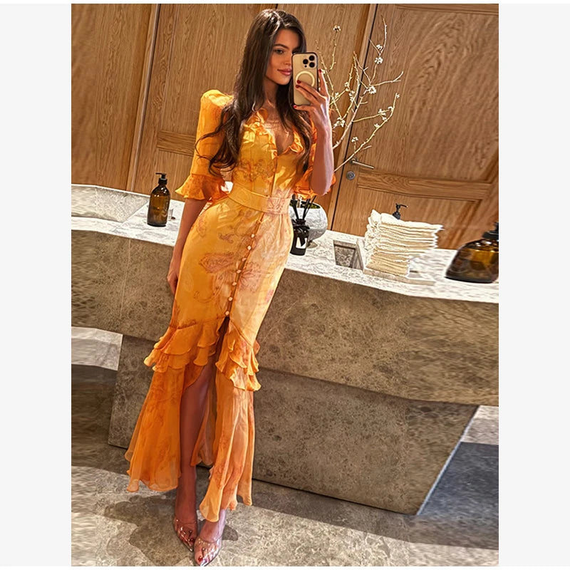 Women's Floral Puff Sleeve Maxi Dress