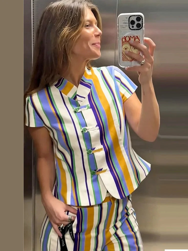 Women's Matching Sets Color Stripe Mandarin Collar Crop Top Straight Pants Set Vintage Blouse Casual Vacation Outfit Summer Suit