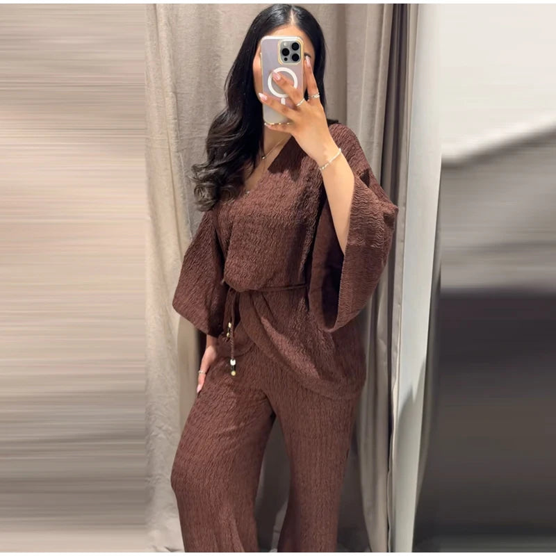 Casual Pleated Cardigan Pants Set V-neck Drop Shoulder Flared Sleeves Belt Waist Shirt Wide Leg Pants 2026 Chic Lightweight Sets