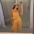 Beach Floral Lace Hollow Out Women Pants Sets 2 Pieces Adjustable Tie Backless Tops Loose Pleated Lantern Pant Summer New Suits