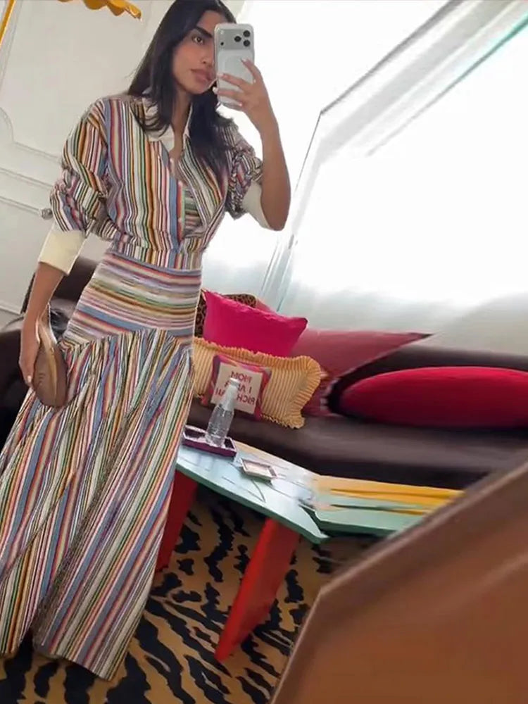 Women's Striped Shirt and Pleated Maxi Skirt Set
