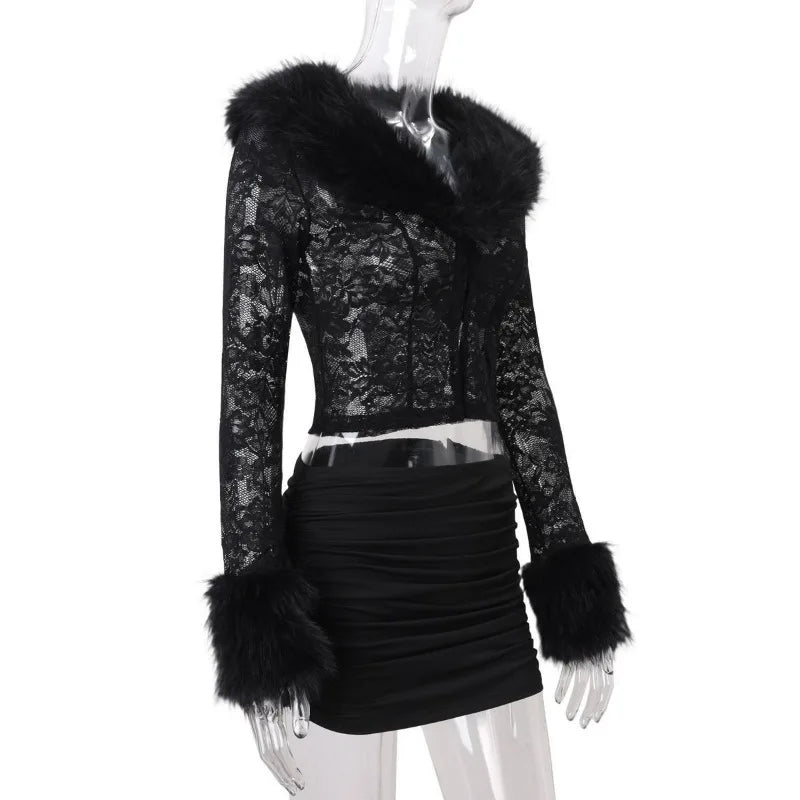 Women's Y2K Furry Crop Top and Mini Skirt Set