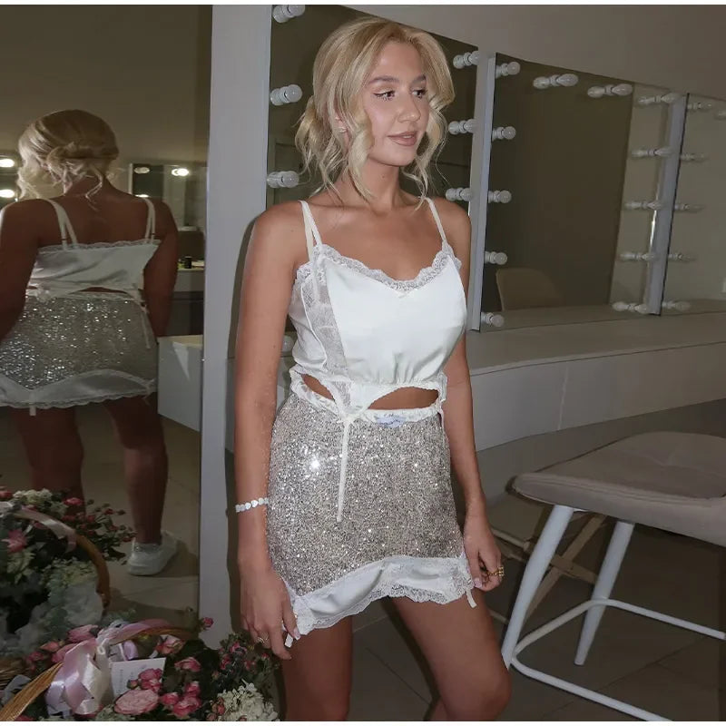 Sexy Lace Trim Irregular Hem Top Sequin Skirt Set Satin Split Patchwork Backless Sling Tops Mini Skirts 2026 Summer Lady Suit