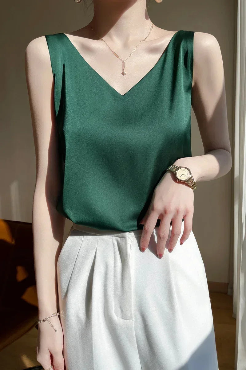 Summer New Silk Top Special Offer Sexy Strap Women's V-neck Printed Letter Tank Top Korean Fashion Solid Color Thin T-shirt