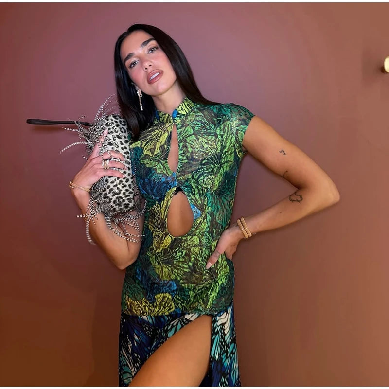 Jungle Butterfly Print High Slit Midi Dress
