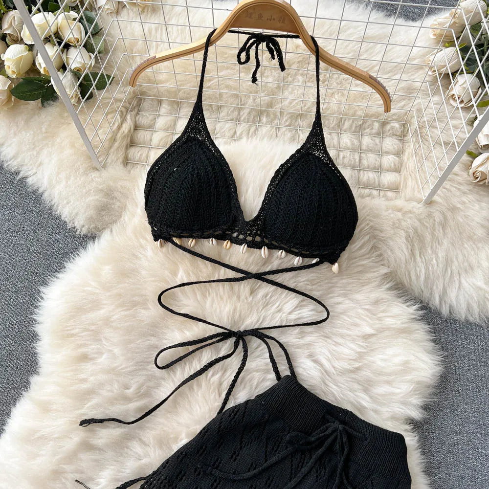 SINGREINY Women Summer Design Knitted Set Sexy Backless Halter Short Tops+Chic Hollow Knitted Wide Leg Long Pants Two Piece Suit