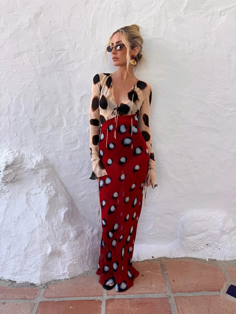 Women's Dot Print Long Sleeve Split Midi Dress