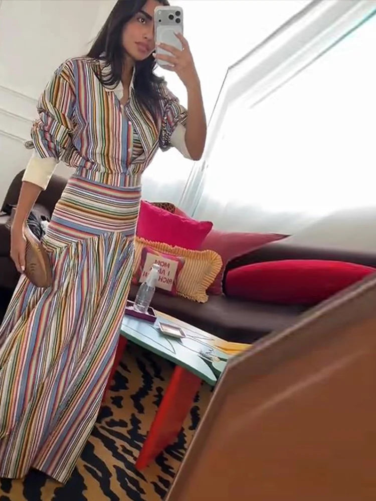 Women's Striped Shirt and Pleated Maxi Skirt Set