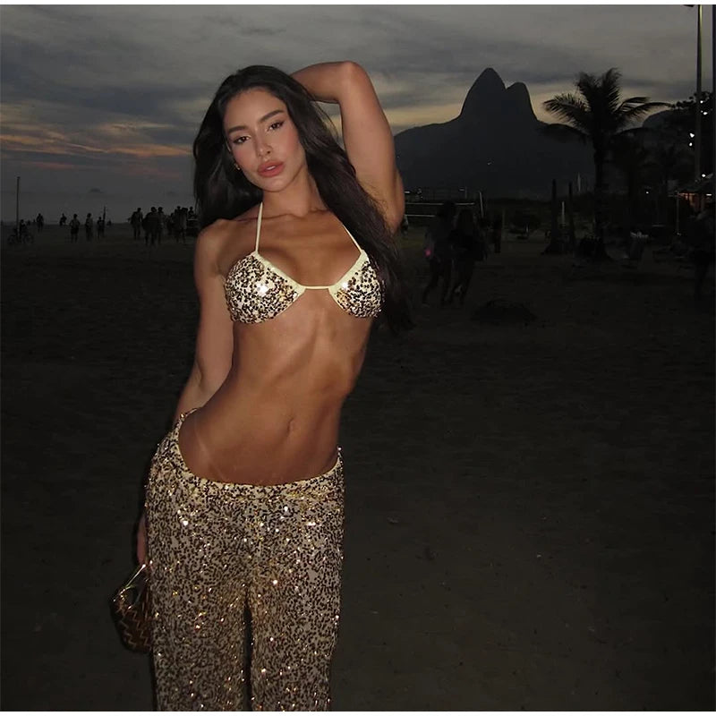 Women's Sequin Halter Top and Wide Leg Pants Set