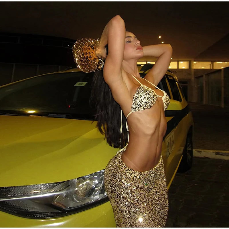 Women's Sequin Halter Top and Wide Leg Pants Set