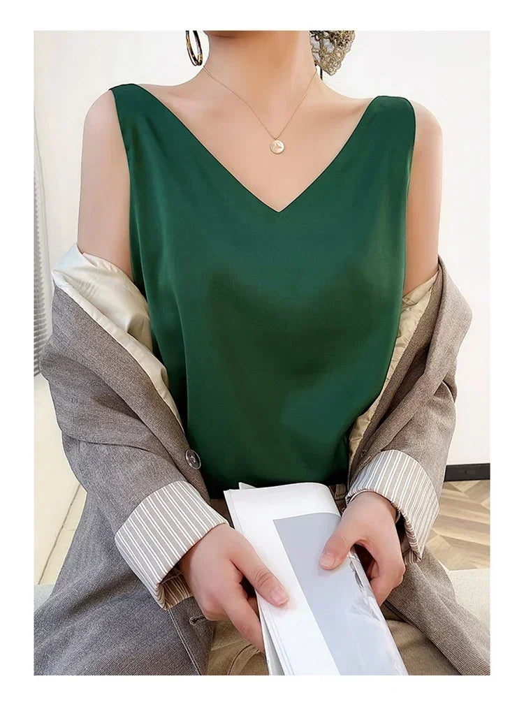 Summer New Silk Top Special Offer Sexy Strap Women's V-neck Printed Letter Tank Top Korean Fashion Solid Color Thin T-shirt