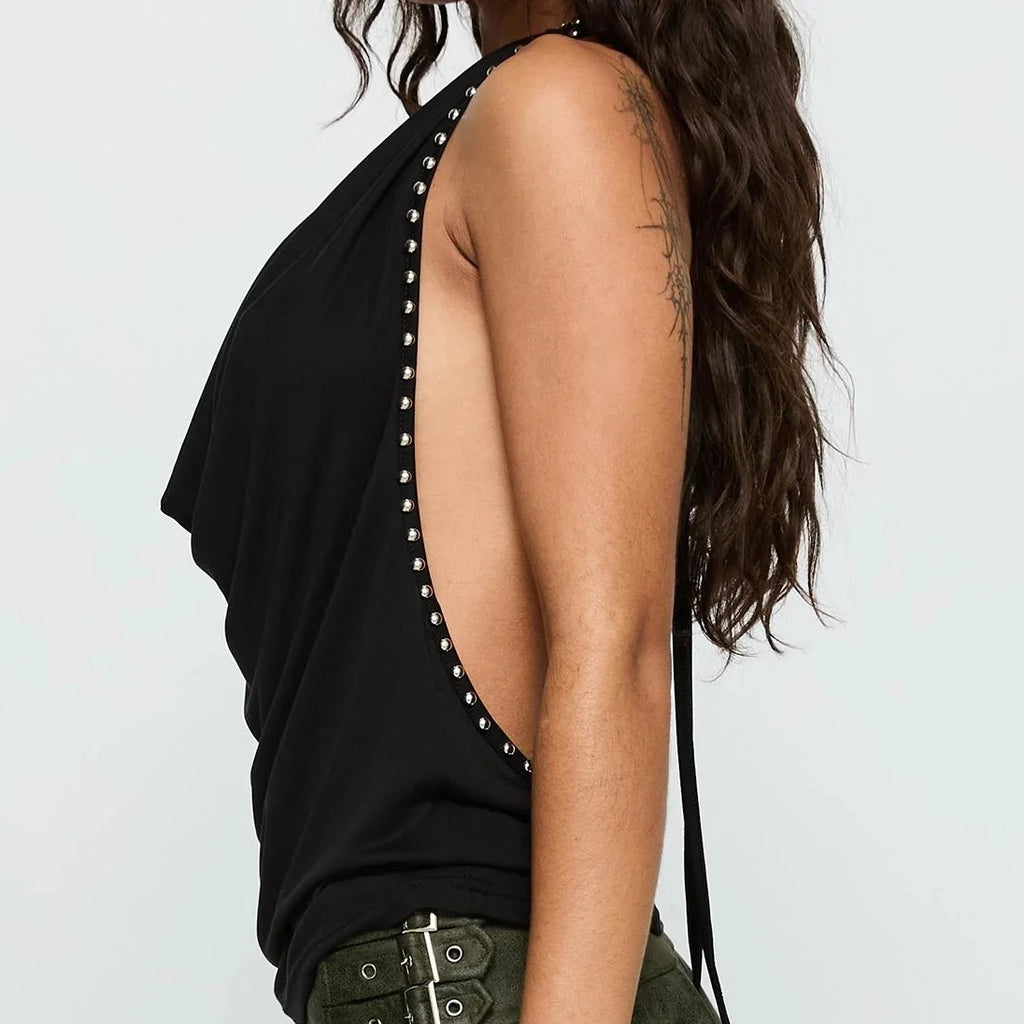 Women’s Streetwear Rivet Studded Halter Tank Tops Summer Fashionable Slim Fit Cowl Neck Backless Vest