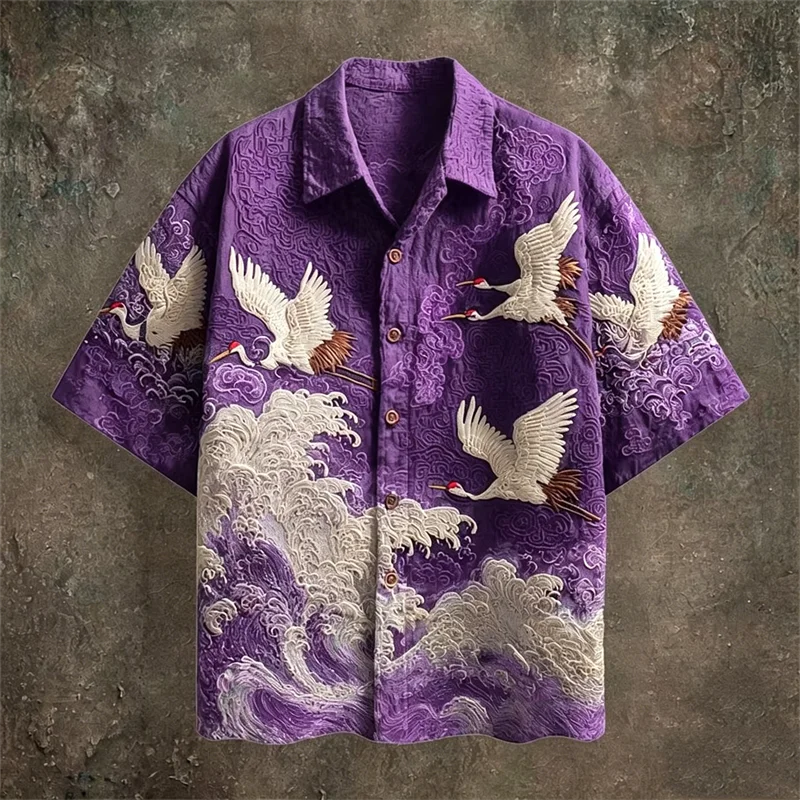 Men's Embossed Crane Print Short Sleeve Shirt