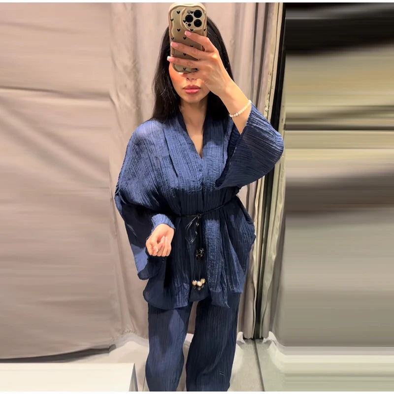 Casual Pleated Cardigan Pants Set V-neck Drop Shoulder Flared Sleeves Belt Waist Shirt Wide Leg Pants 2026 Chic Lightweight Sets