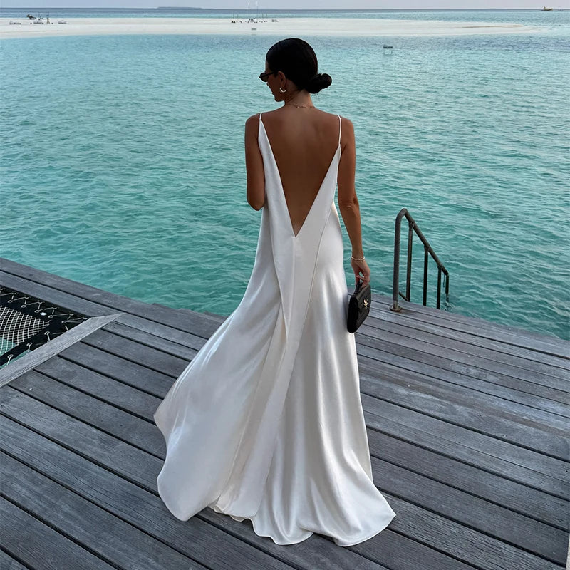 Women's Backless Satin V-Neck Sling Sundress