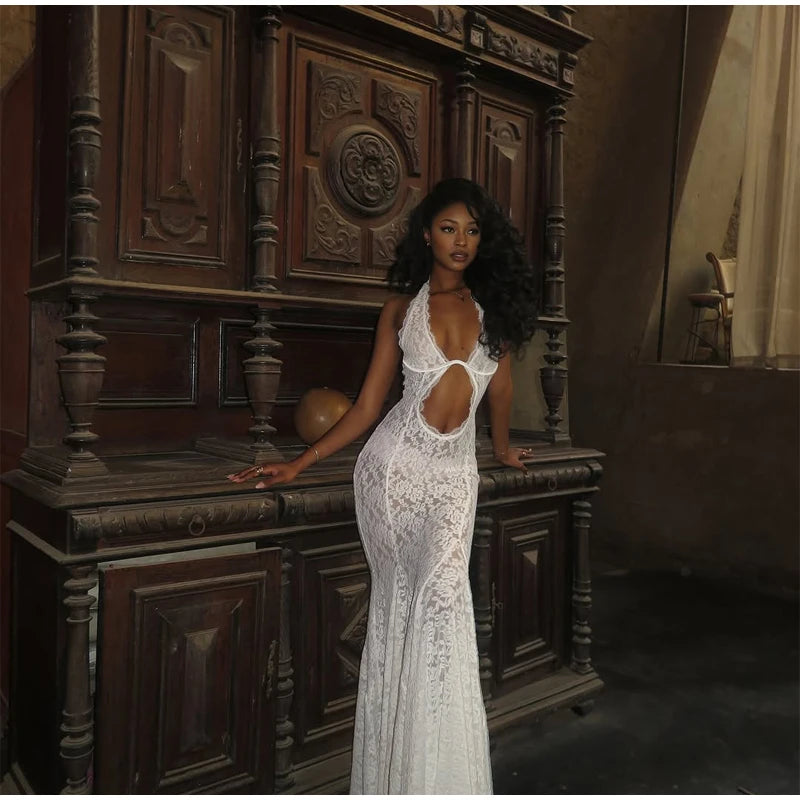 Women's Lace Halter Fishtail Maxi Gown