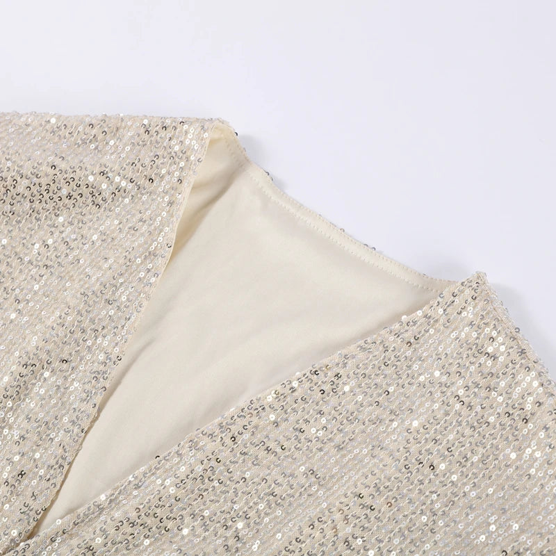 2026 Autumn Sequined Women Long Jacket Urban Full Sleeve Lining Pleated V-neck Cardigan Female Streetwear Fashion Lady Outwear