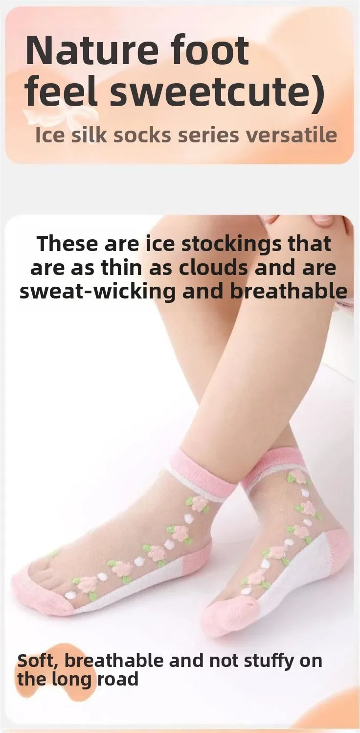 5 Pairs/Baby Girl Summer Socks Thin Ice Silk Mesh Crystal Breathable Cotton Short Mid Calf Boat Socks for Kids