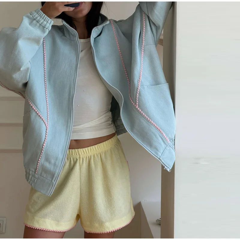 Women's Denim Stand Collar Bomber Jacket