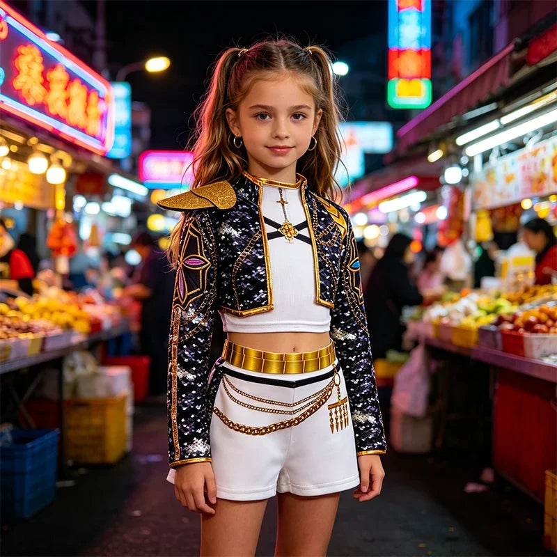 Girls Sequin Hip Hop Dance Outfit Set Crop Top Jacket Shorts with Purple Braid Wig Kids Jazz Stage Costume