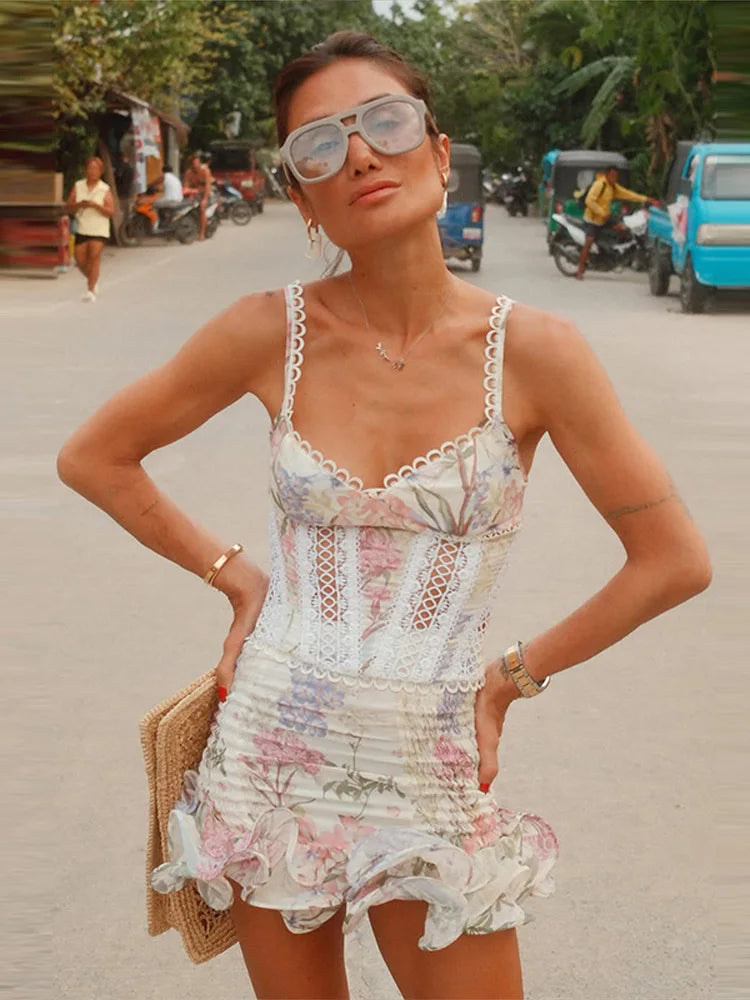 Floral Print 2 Piece Set Scallop Trim Spaghetti Strap Hollow Out Corset Top Smocked Waist Ruffle Hem 2026 Summer Beach Vacation