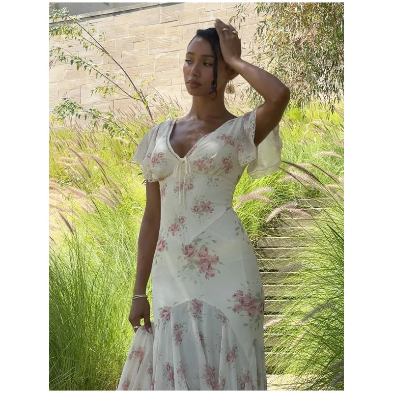 Women's Floral Puff Sleeve Maxi Dress