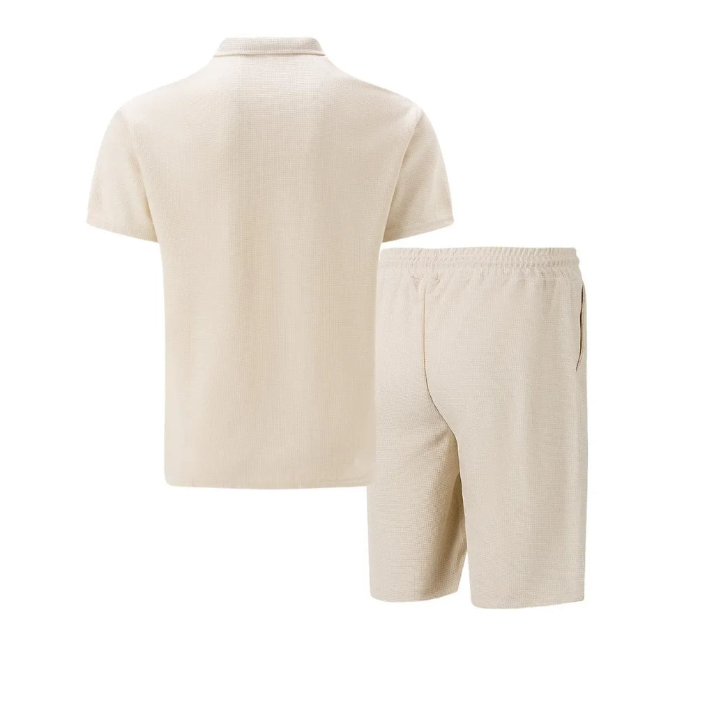Men's Summer Waffle Short-Sleeve Suit Shorts Zip-Up Lapel Solid Color Two Sets Europe And US Style 2026