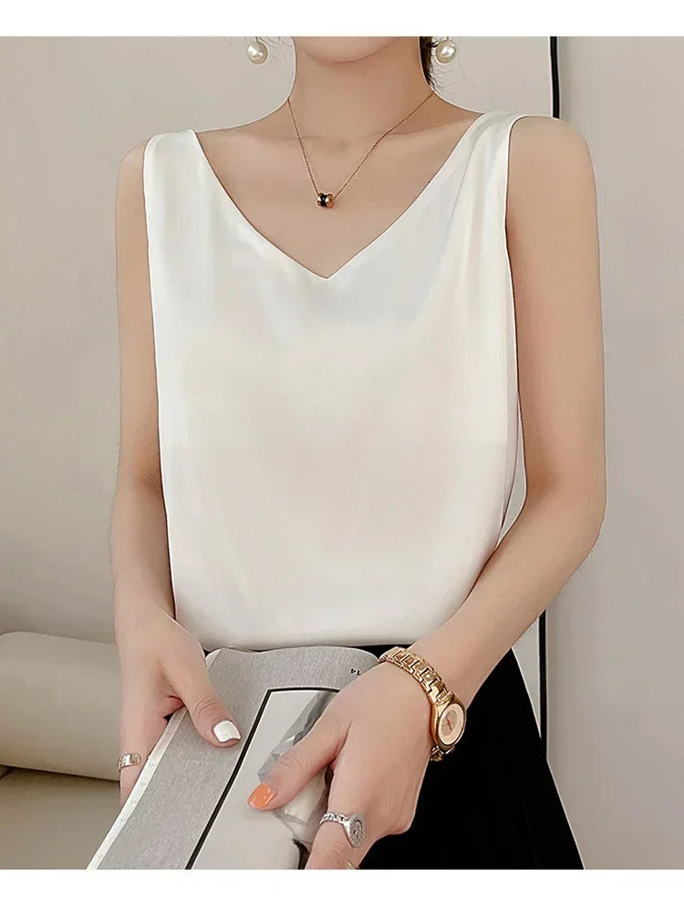 Summer New Silk Top Special Offer Sexy Strap Women's V-neck Printed Letter Tank Top Korean Fashion Solid Color Thin T-shirt