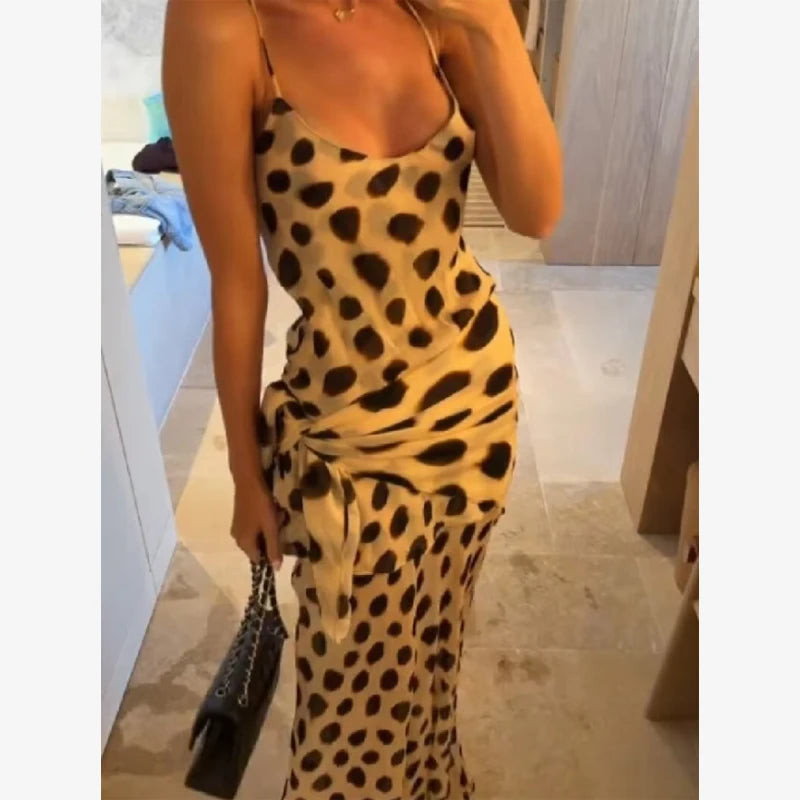 Women's Dot Print Long Sleeve Split Midi Dress