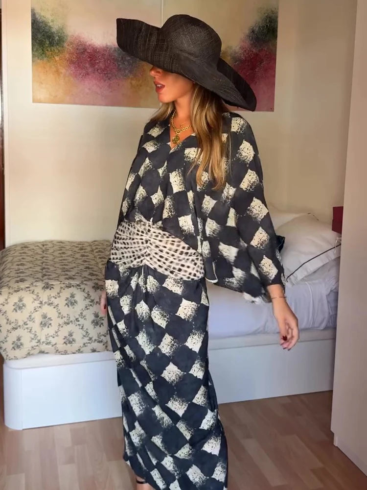 Women's Plaid Batwing Sleeve Maxi Dress