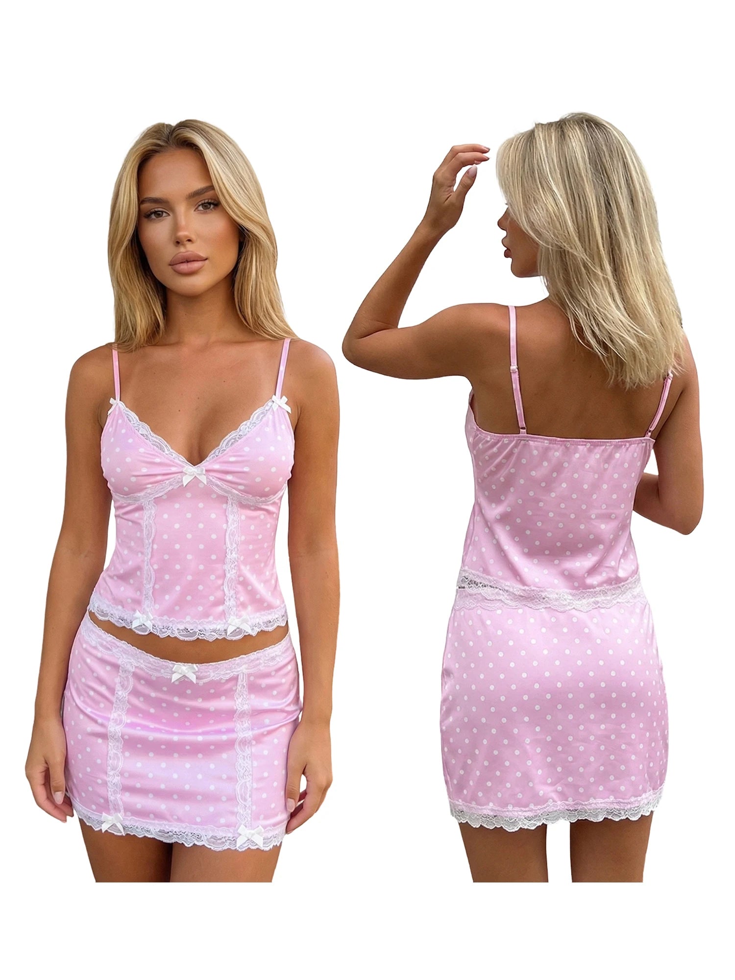 Women Summer Skirt Sets Dot Print Lace Trim Spaghetti Strap V-Neck Sleeveless Cami Tops Mini Skirts 2 Pieces Clothes Outfits