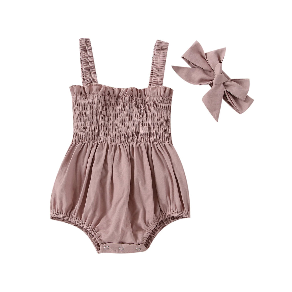 Citgeett Summer Infant Baby Girls Jumpsuit Outfit Solid Color Casual Sleeveless Suspender Jumpsuit Headband Clothes
