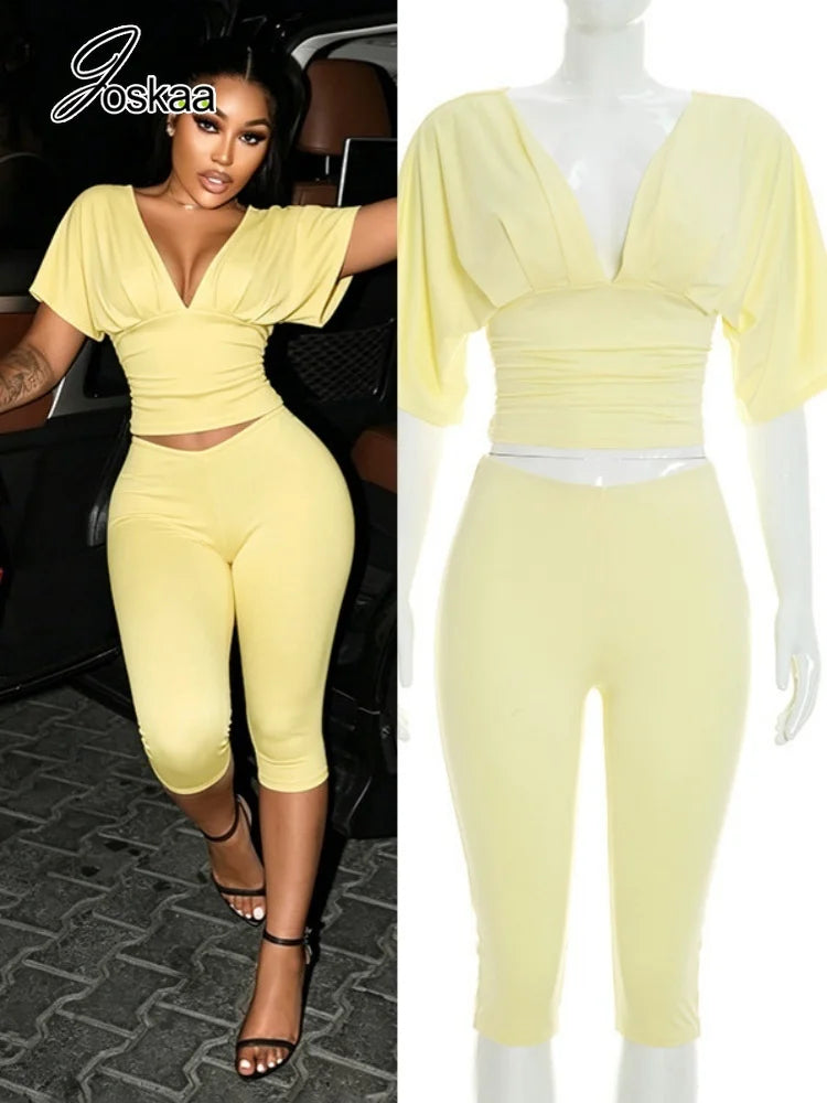 Joskaa Casual Solid 2 Piece Sets Women Sexy V-Neck Ruched Half Sleeve Top and Tight Cropped Pants Matching Tracksuits Streetwear