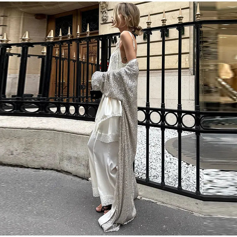 2026 Autumn Sequined Women Long Jacket Urban Full Sleeve Lining Pleated V-neck Cardigan Female Streetwear Fashion Lady Outwear