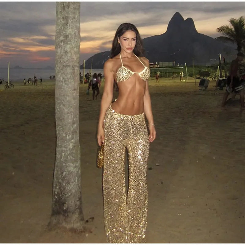 Women's Sequin Halter Top and Wide Leg Pants Set