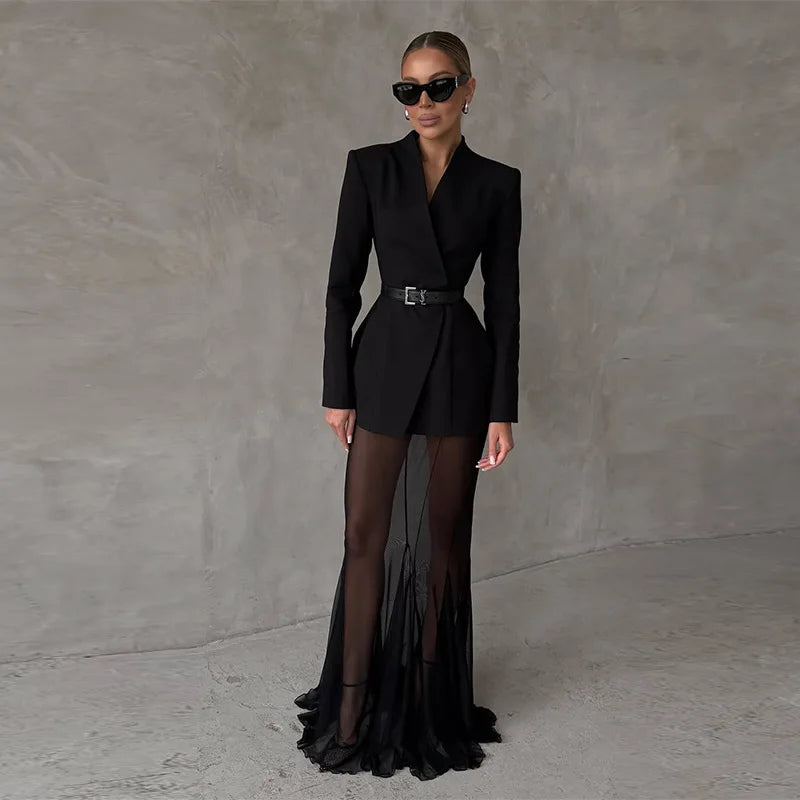 Women's V-Neck Blazer and Tulle Maxi Skirt Set