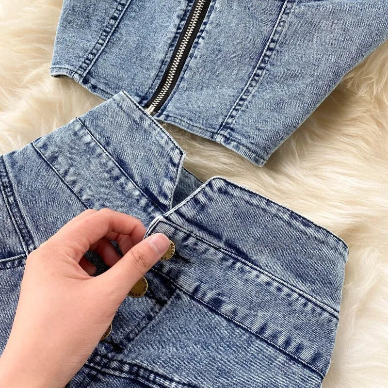 Women's Denim Top and Midi Skirt 2-Piece Set