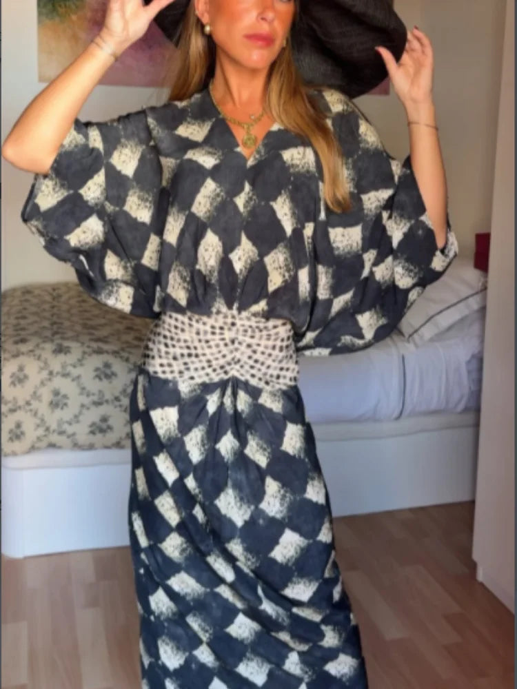 Women's Plaid Batwing Sleeve Maxi Dress