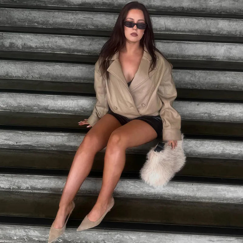Casual Solid Pu Jackets Women Fashion Loose Khaki Lapel Double Breasted Leather Coat Female 2026 Autumn Lady Outwears Chic