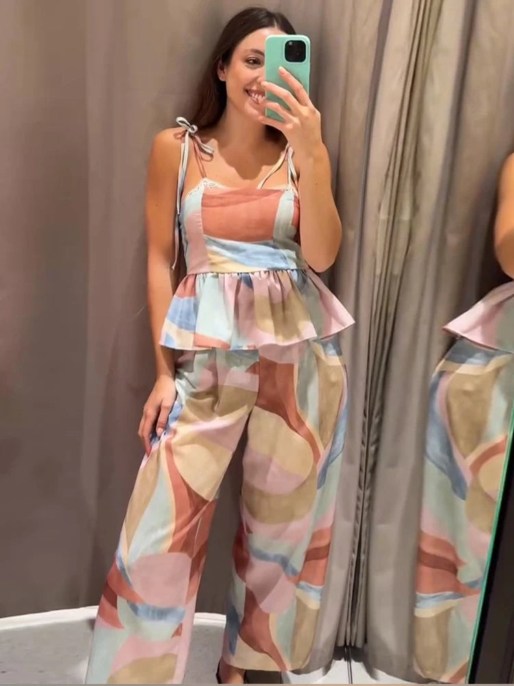Women's Pastel Print Cami Top and Wide Leg Pants Set